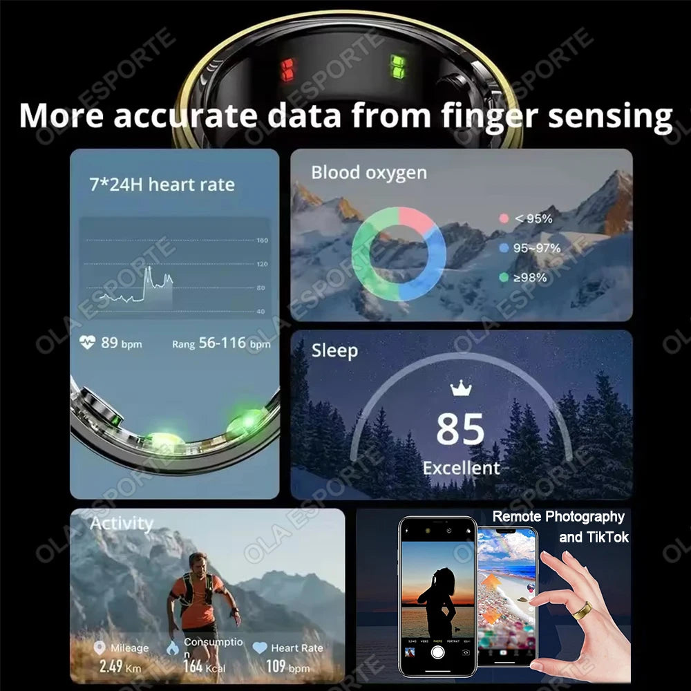 Smart Ring Blood Pressure Heart Rate Sleep Monitoring Smartring IP68 &amp; 5ATM Waterproof Multi-sport Mode Smartring Man Women
